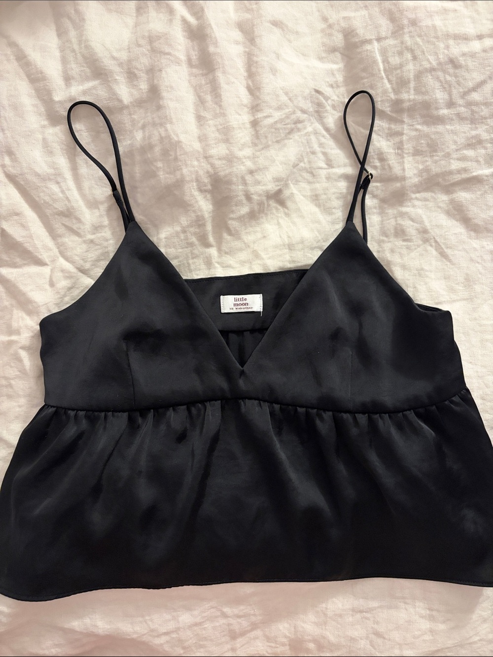 Little Moon Black Satin V-Neck Spaghetti Strap Peplum Top